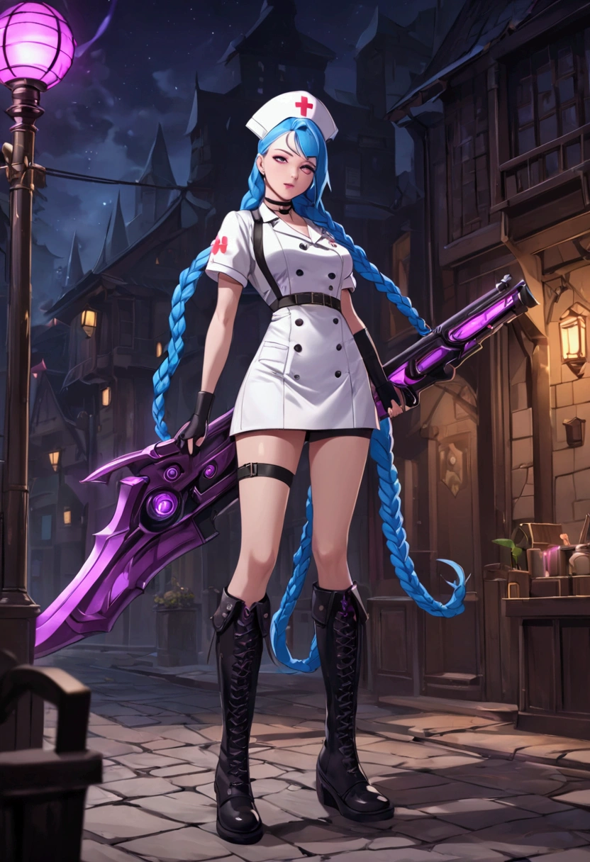 League of Legends ，Jinx ，Punk style eye makeup ，Nurse hat，(White nurse costume)， blue double twist braid，whole body，( Knee-high boots ),Purple over-the-knee socks ,Rose tattoo，Street Scene，Holding a weapon in his hand ，pistol， Cinematic Lighting ，（ best quality ，4K，8k， High Res，masterpiece：1.2）， Elegant Posture ，Dynamic composition， vivid colors ，fantasy，Concept art style, has a sense of danger and tension。