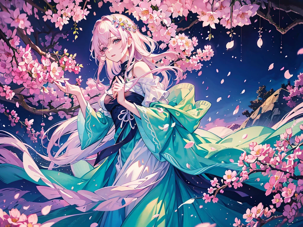 a beautiful anime girl in a lush garden, flower petals falling around her, beautiful detailed eyes, beautiful detailed lips, extremely detailed face, long eyelashes, elegant dress, serene expression, (best quality,4k,8k,highres,masterpiece:1.2),ultra-detailed,(realistic,photorealistic,photo-realistic:1.37),vibrant colors, soft lighting, intricate details, cinematic composition, dreamlike atmosphere, delicate cherry blossoms, nature scenery, serene pond, beautiful landscape