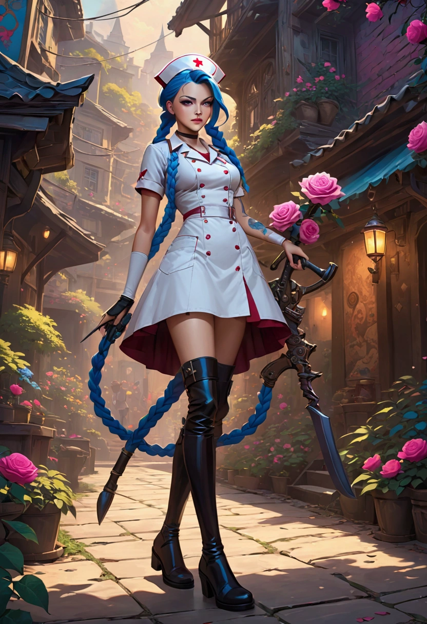 League of Legends ，Jinx ，Punk style eye makeup ，Nurse hat，(White nurse costume)， blue double twist braid，whole body，( Knee-high boots ),Purple over-the-knee socks ,Rose tattoo，Street Scene，Holding a weapon in his hand ，pistol， Cinematic Lighting ，（ best quality ，4K，8k， High Res，masterpiece：1.2）， Elegant Posture ，Dynamic composition， vivid colors ，fantasy，Concept art style, has a sense of danger and tension。