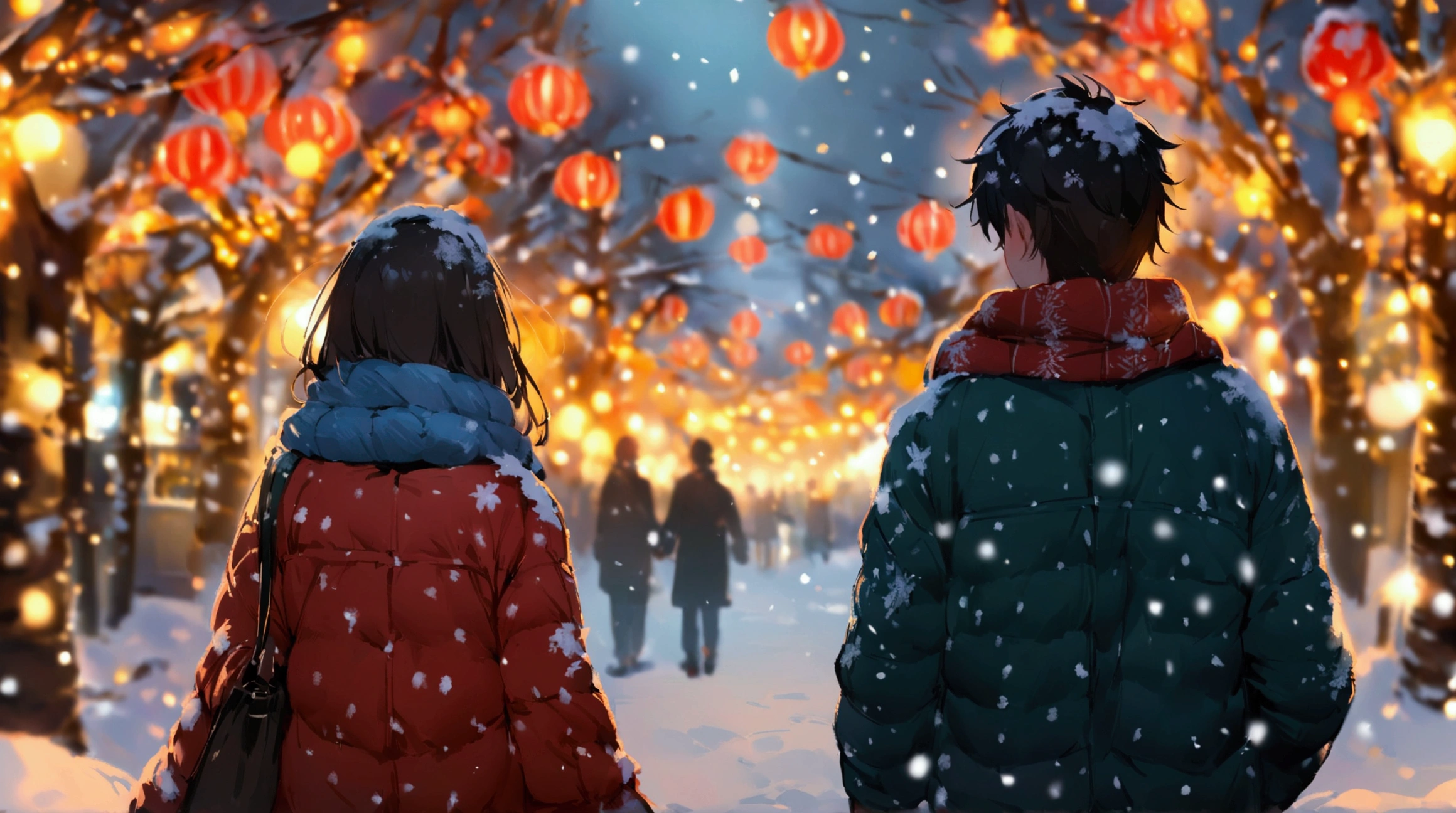 （masterpiece、high quality、High resolution、detailed、８k),、 rear view of a male and female couple walking hand in hand、In a snowy city 、 the street tree illuminations are shining 、光がBlurている（Blur：1.2）、christmas image、 quiet night 、