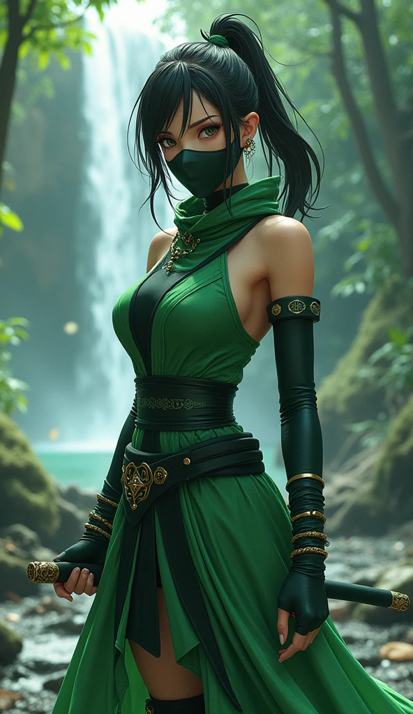 Jade is a young woman, tall and athletic with dark skin and jet black hair, which is usually tied up in a high ponytail or braid.
His eyes are deep green, that reflect his calm nature and his connection with nature.
In some games, Jade has a tribal mark on her face, a symbol of his Edenian heritage.
He wears a tight green suit that highlights his athletic figure. she wears high boots,