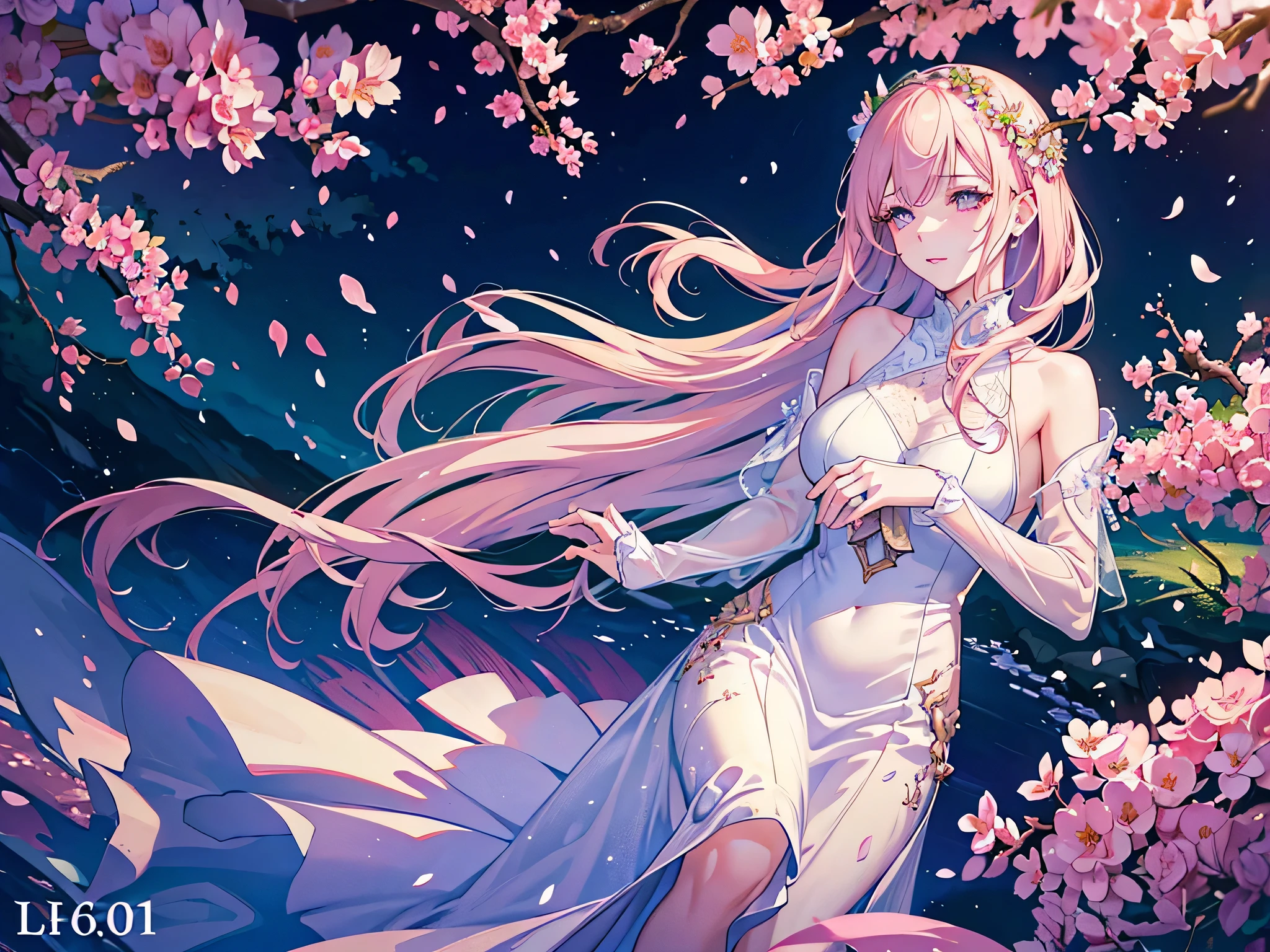 a beautiful anime girl in a lush garden, flower petals falling around her, beautiful detailed eyes, beautiful detailed lips, extremely detailed face, long eyelashes, elegant dress, serene expression, (best quality,4k,8k,highres,masterpiece:1.2),ultra-detailed,(realistic,photorealistic,photo-realistic:1.37),vibrant colors, soft lighting, intricate details, cinematic composition, dreamlike atmosphere, delicate cherry blossoms, nature scenery, serene pond, beautiful landscape