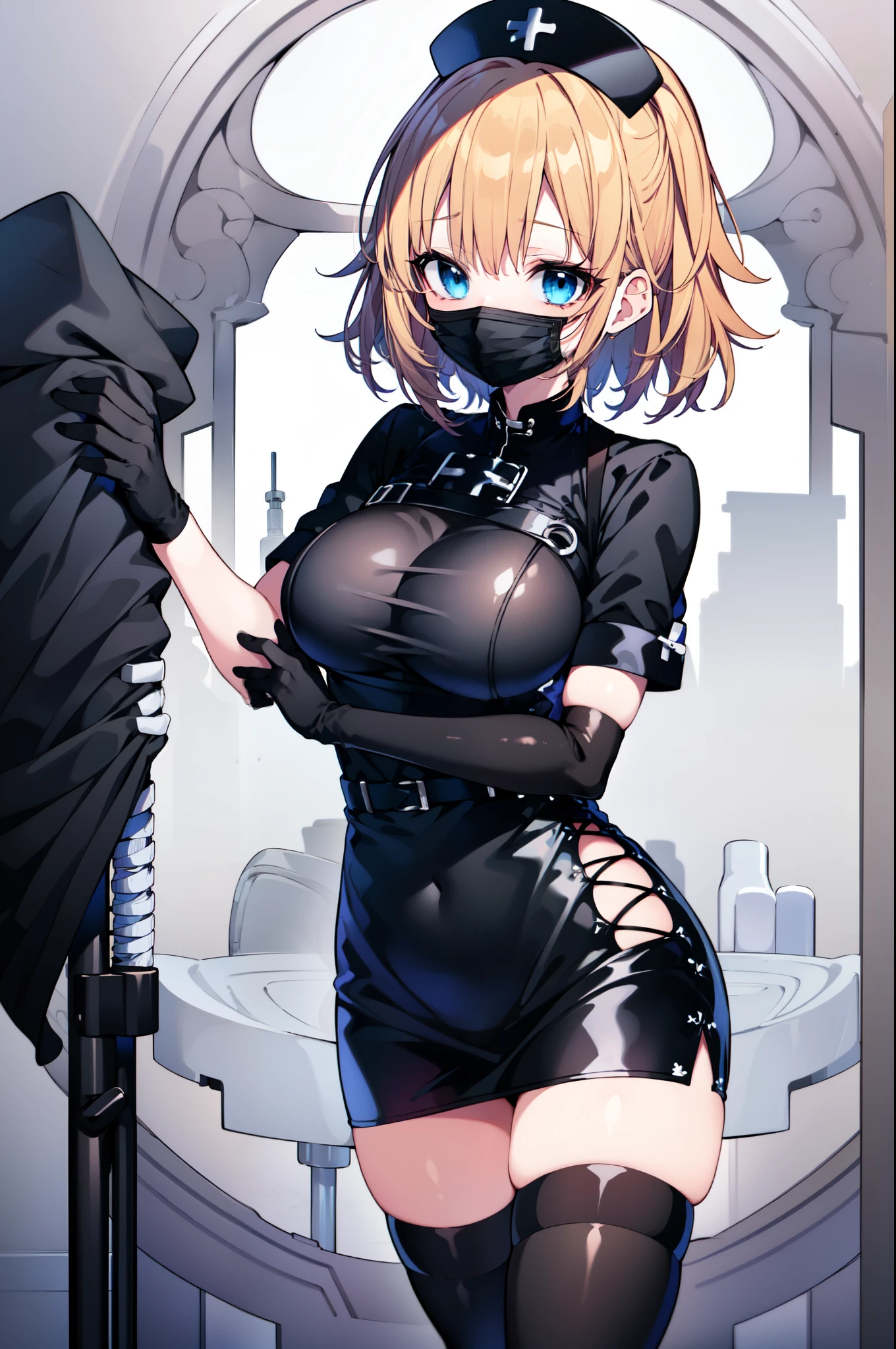 black nurse, 1woman, solo, black nurse cap, black nurse uniform, ((black legwear, zettai ryouiki)), black elbow gloves, blonde hair, blue eyes, ((black surgical mask, covered nose)), standing, ((surgery room)), sharp outline, short sleeves, mature female, 35yo, best quality, masterpiece