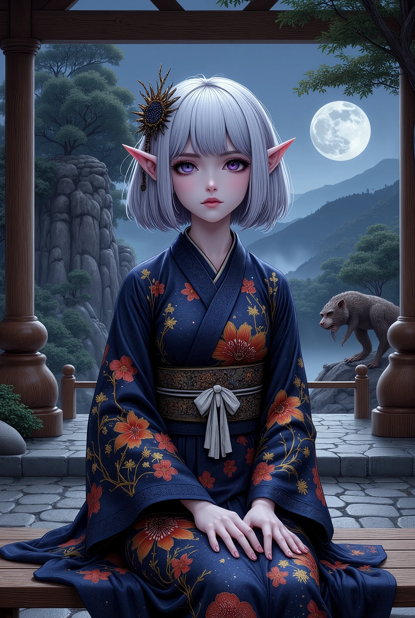 (Ultra-detailed face, Looking away, Fantasy Illustration with Gothic, Dark tone colors.), BREAK 
(Site of a Japanese shrine. A jet-black midnight with no moon or starlight. A dark elf maiden with a melancholy expression sits on a wooden bench, a shrine amulet tied to a string as a charm for her bag. At the edge of the bench on which she sits, Nue, a legendary monster with a monkey head, tiger arms and legs, tanuki body, snake tail, and toratsugumi voice, gazes at her with glassy black eyes. Sacred atmosphere.), BREAK 
(The dark elf priestess wears a hair ornament with a shooting star motif and a ribbon tie made of pure white lace. She wears a Japanese kimono of dark blue transparent fabric organdie with red, orange, and yellow lily flower patterns woven into it, and a sash with an image of a galaxy in the night sky. She wears black geta "wooden clogs" with a red nose strap.), BREAK 
(A dark elf maiden of a young age with glossy pure white hair and eyebrows, blunt bangs, gently wavy shoulder-length hair, small pink lips, dark purple skin, lavender eyes, and thick dark eyeliner around her eyes.), BREAK 
(We are in the precincts of a Japanese shrine in the evening at the time of the encounter. The atmosphere is mysterious, and the landscape appears hazy and distorted in places.)