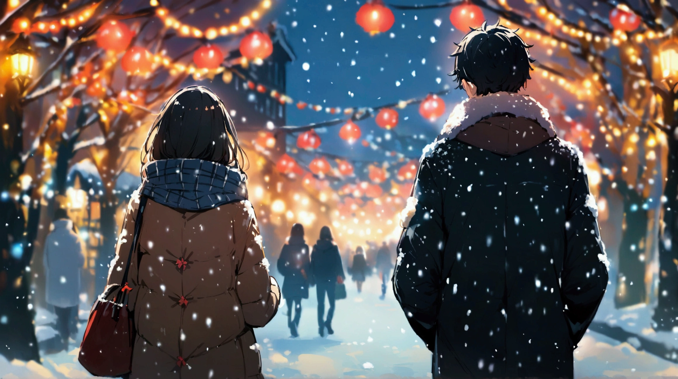 （masterpiece、high quality、High resolution、detailed、８k),、 rear view of a male and female couple walking hand in hand、In a snowy city 、The blue LED illuminations of street trees are shining、光がBlurている（Blur：1.2）、christmas image、 quiet night 、