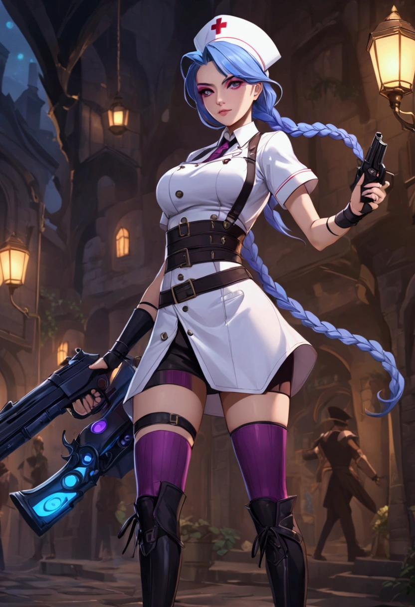 League of Legends ，Jinx ，Punk style eye makeup ，Nurse hat，(White nurse costume)，blue twist braid，whole body，( Knee-high boots ),Purple over-the-knee socks ,Rose tattoo，Street Scene，Holding a weapon in his hand ，pistol， Cinematic Lighting ，（ best quality ，4K，8k， High Res，masterpiece：1.2）， Elegant Posture ，Dynamic composition， vivid colors ，fantasy，Concept art style, has a sense of danger and tension。