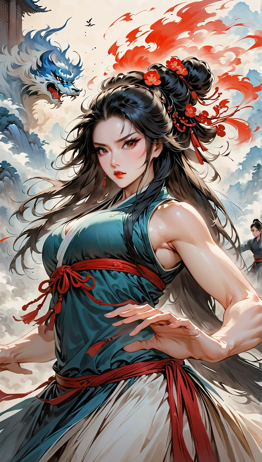 Muscle woman, biceps, strong, muscular, black and white, bamboo forest, hanfu, chinoiserie, elegant