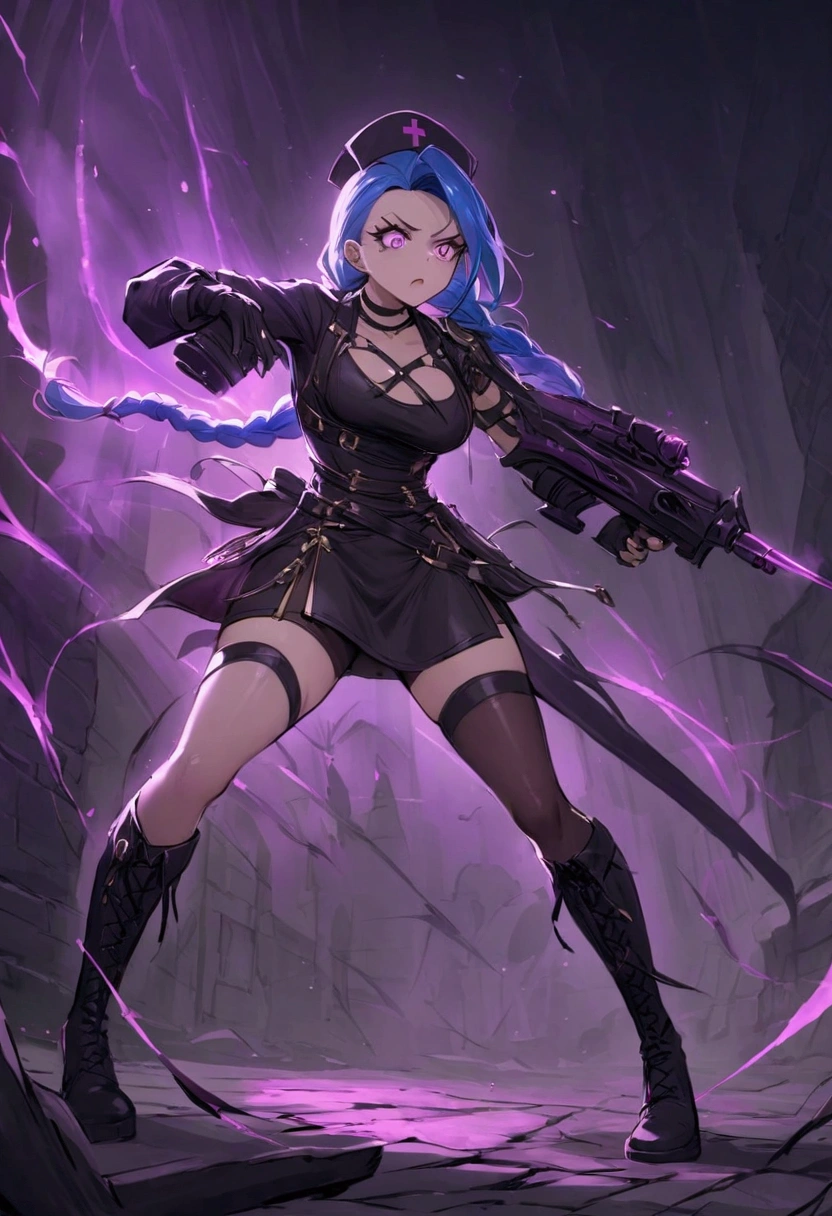 League of Legends ，Jinx ，Punk style eye makeup ，Nurse hat，(White nurse costume)，blue twist braid，whole body，( Knee-high boots ),Purple over-the-knee socks ,Rose tattoo，Street Scene，Holding a weapon in his hand ，pistol， Cinematic Lighting ，（ best quality ，4K，8k， High Res，masterpiece：1.2）， Elegant Posture ，Dynamic composition， vivid colors ，fantasy，Concept art style, has a sense of danger and tension。