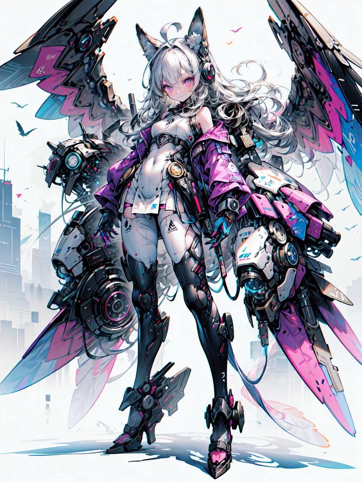 (masterpiece, Best Quality), ( perfect athlete's body :1.2), ( detailed hair), Super detailed, Anime Style, full body, Alone,  cyberpunk batgirl standing in the wasteland, Cyber Kimono ,  big wings,owl wings 、 Bat Ears,  Grey Hair and Brown Skin , Tall boots,  standing in the wilderness ,  high heel boots , 8k high resolution, White background, whole body, Blake、（Dark Elf), ( 1 girl), Alone, 優しいsmile、 perfect face, Get used to it, Ahoge, ((Long Hair:1.2)), [[messy hair ]], Shiny blonde white hair,  purple eyes, spotted eyes ,  colorful hair, Sparkling Eyes, (eyelash,  eyeshadow, pink  eyeshadow),  bright , smile, Design Art：Haruhiko Mikimoto, Kawasaki, By Yoshitaka Amano , （ dark brown skin ）

