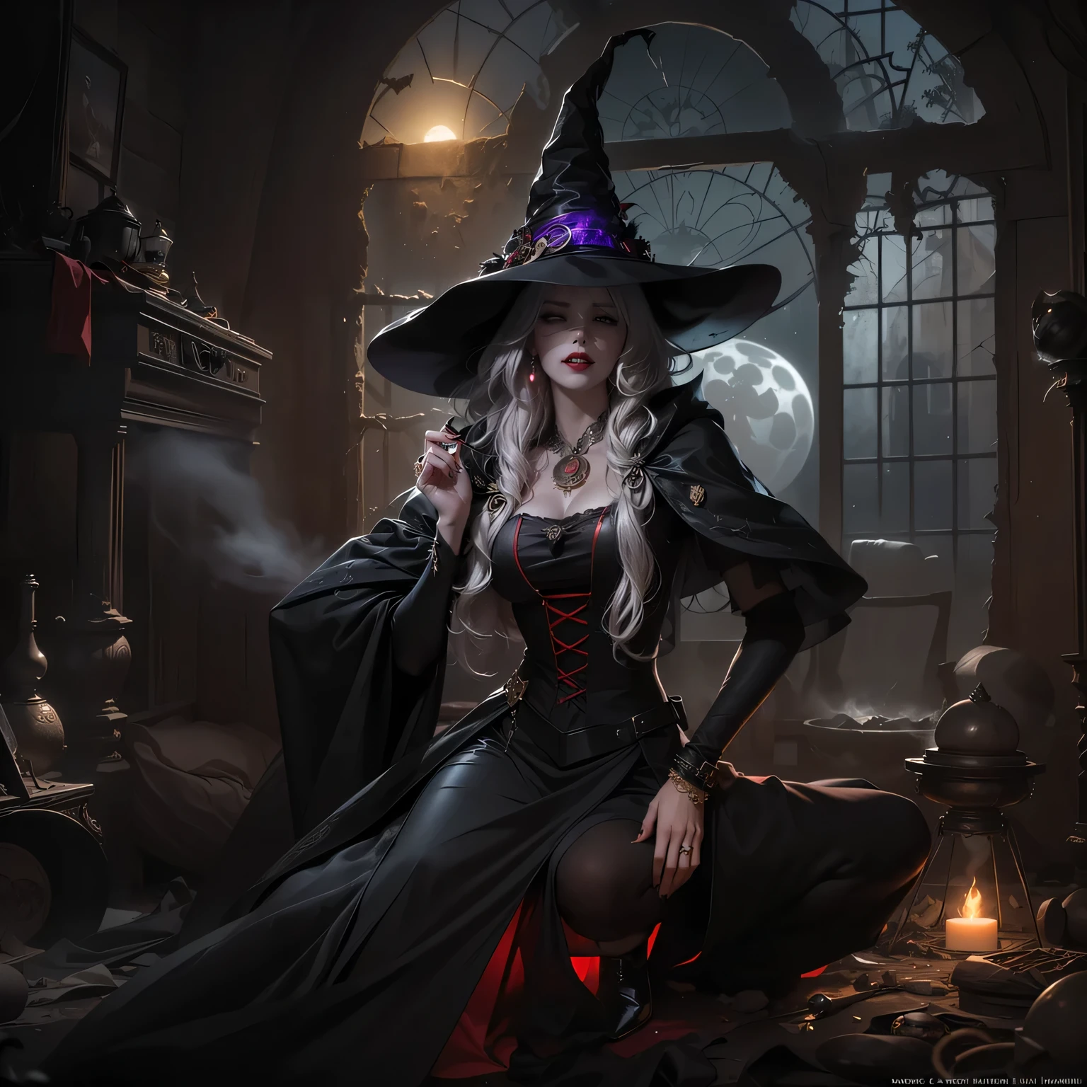 Witch sitting on a chair in a dark room with a candle - SeaArt AI