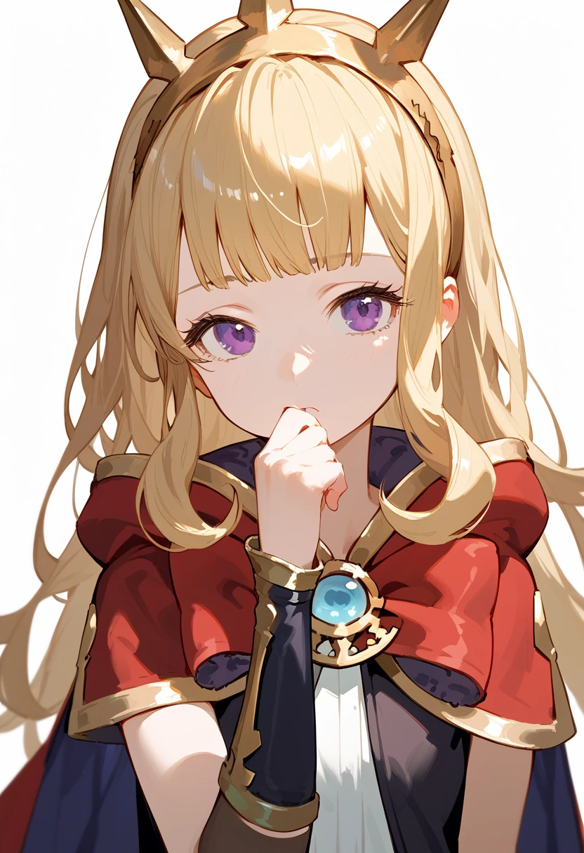 (score_9, score_8_up, score_7_up), 1girl, solo, gbf-cagliostro, Cagliostro, long blonde hair, dark purple eyes, hairband, crown, black thighhighs, red bow, red skirt, cape, white shirt, hand over mouth, looking at viewer, neutral, upper body, portrait, white background, simple background