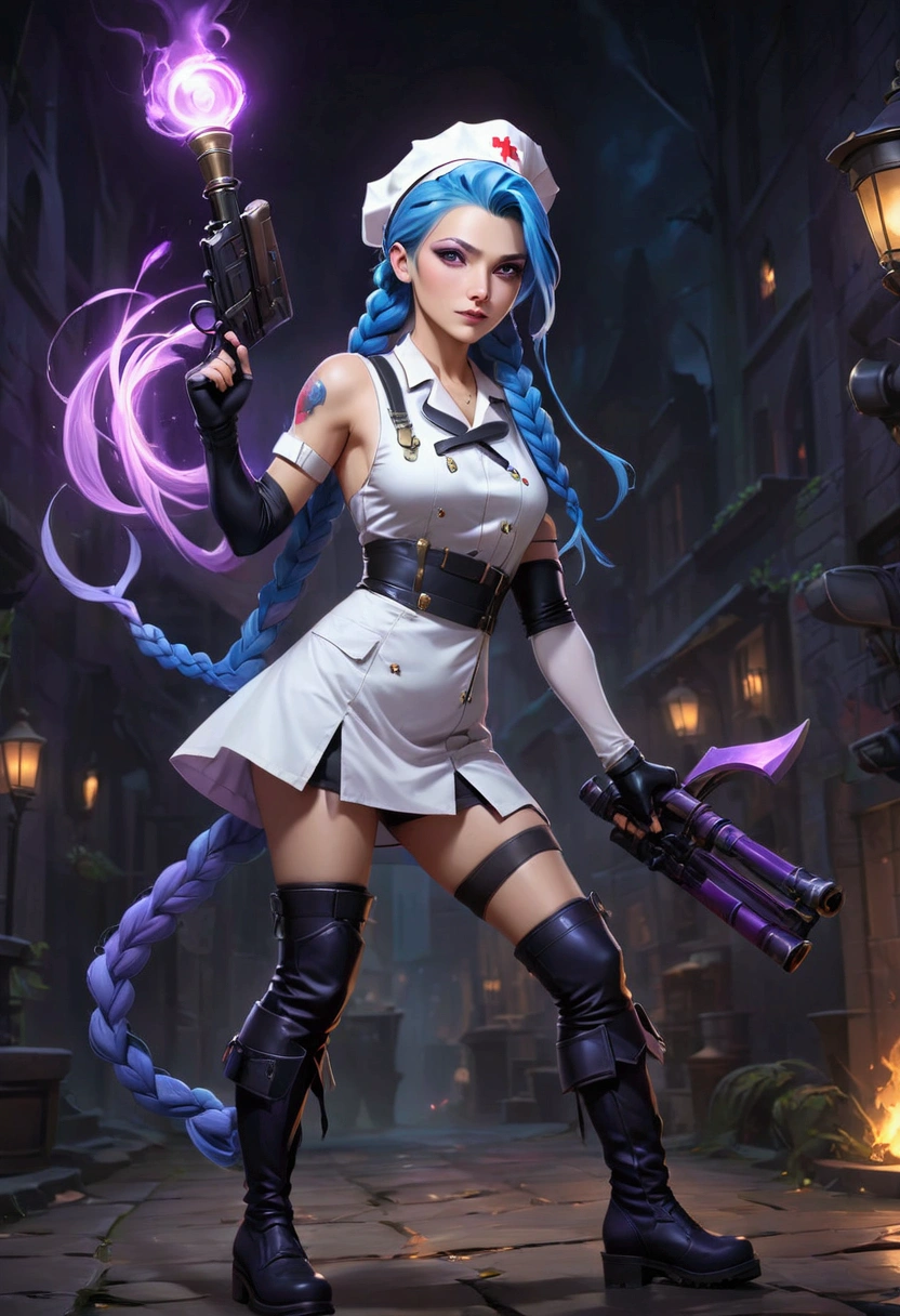 League of Legends ，Jinx ，Punk style eye makeup ，Nurse hat，(White nurse costume)，blue twist braid，whole body，( Knee-high boots ),Purple over-the-knee socks ,Rose tattoo，Street Scene，Holding a weapon in his hand ，pistol， Cinematic Lighting ，（ best quality ，4K，8k， High Res，masterpiece：1.2）， Elegant Posture ，Dynamic composition， vivid colors ，fantasy，Concept art style, has a sense of danger and tension。