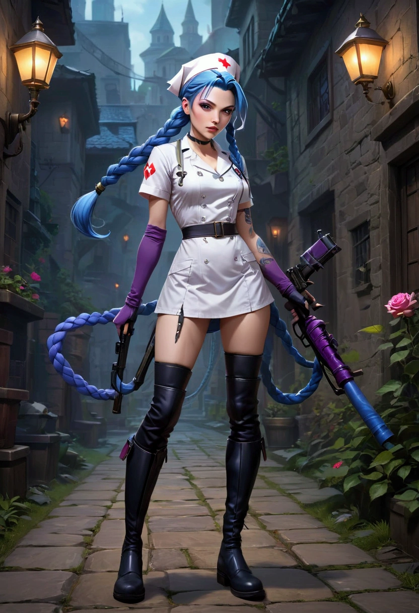 League of Legends ，Jinx ，Punk style eye makeup ，Nurse hat，(White nurse costume)，blue twist braid，whole body，( Knee-high boots ),Purple over-the-knee socks ,Rose tattoo，Street Scene，Holding a weapon in his hand ，pistol， Cinematic Lighting ，（ best quality ，4K，8k， High Res，masterpiece：1.2）， Elegant Posture ，Dynamic composition， vivid colors ，fantasy，Concept art style, has a sense of danger and tension。