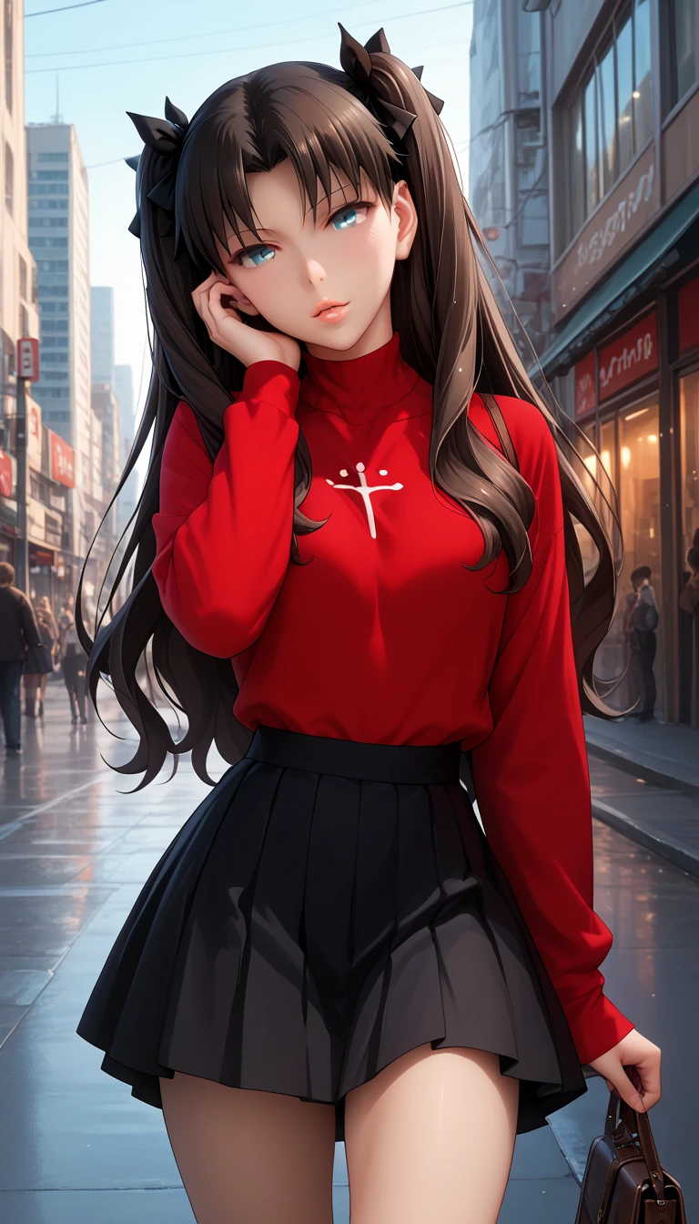 ken-1, score_9, score_8_up, score_7_up, epiCPhoto, 1girl, solo, Tohsaka Rin, city backgrounds, long legs, perfect hands, perfect body, perfect fingers, (seductive thighs), sweater , mini skirt, parted skirt,  daytime,looking at viewer, (face focus), cute, flirt, gaze, sexy look, half-closed eyes, head tilt, filled lips, sexy look pose.