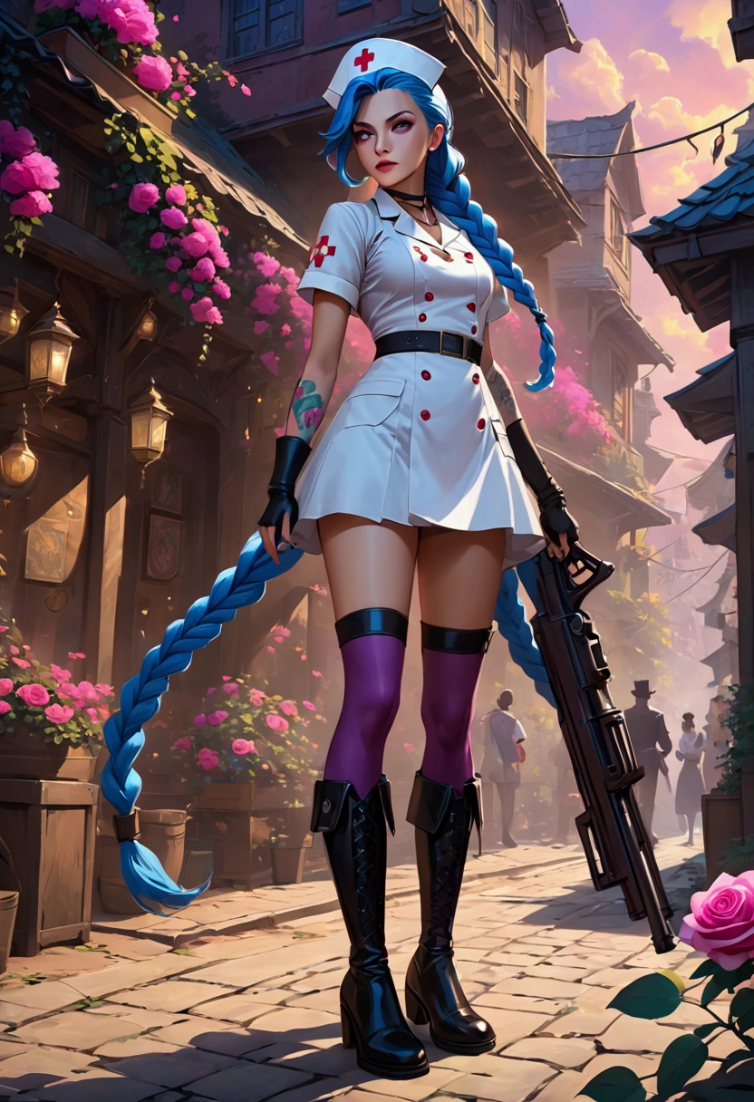 League of Legends ，Jinx ，Punk style eye makeup ，Nurse hat，(White nurse costume)， blue double twist braid，whole body，( Knee-high boots ),Purple over-the-knee socks ,Rose tattoo，Street Scene，With a gun in his hand， Cinematic Lighting ，（ best quality ，4K，8k， High Res，masterpiece：1.2）， Elegant Posture ，Dynamic composition， vivid colors ，fantasy，Concept art style, has a sense of danger and tension。