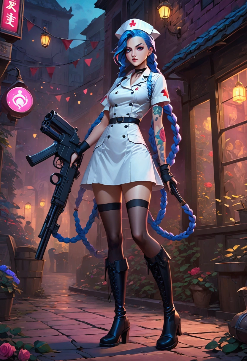 League of Legends ，Jinx ，Punk style eye makeup ，Nurse hat，(White nurse costume)， blue double twist braid，whole body，( Knee-high boots ),Purple over-the-knee socks ,Rose tattoo，Street Scene，With a gun in his hand， Cinematic Lighting ，（ best quality ，4K，8k， High Res，masterpiece：1.2）， Elegant Posture ，Dynamic composition， vivid colors ，fantasy，Concept art style, has a sense of danger and tension。