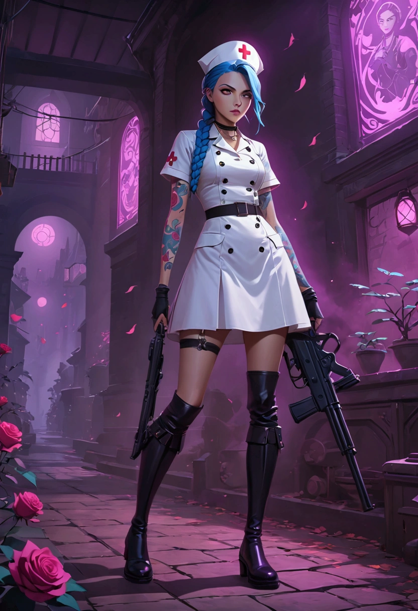 League of Legends ，Jinx ，Punk style eye makeup ，Nurse hat，(White nurse costume)， blue double twist braid，whole body，( Knee-high boots ),Purple over-the-knee socks ,Rose tattoo，Street Scene，With a gun in his hand， Cinematic Lighting ，（ best quality ，4K，8k， High Res，masterpiece：1.2）， Elegant Posture ，Dynamic composition， vivid colors ，fantasy，Concept art style, has a sense of danger and tension。