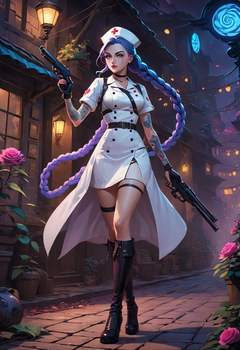 League of Legends ，Jinx ，Punk style eye makeup ，Nurse hat，(White nurse costume)， blue double twist braid，whole body，( Knee-high boots ),Purple over-the-knee socks ,Rose tattoo，Street Scene，With a gun in his hand， Cinematic Lighting ，（ best quality ，4K，8k， High Res，masterpiece：1.2）， Elegant Posture ，Dynamic composition， vivid colors ，fantasy，Concept art style, has a sense of danger and tension。