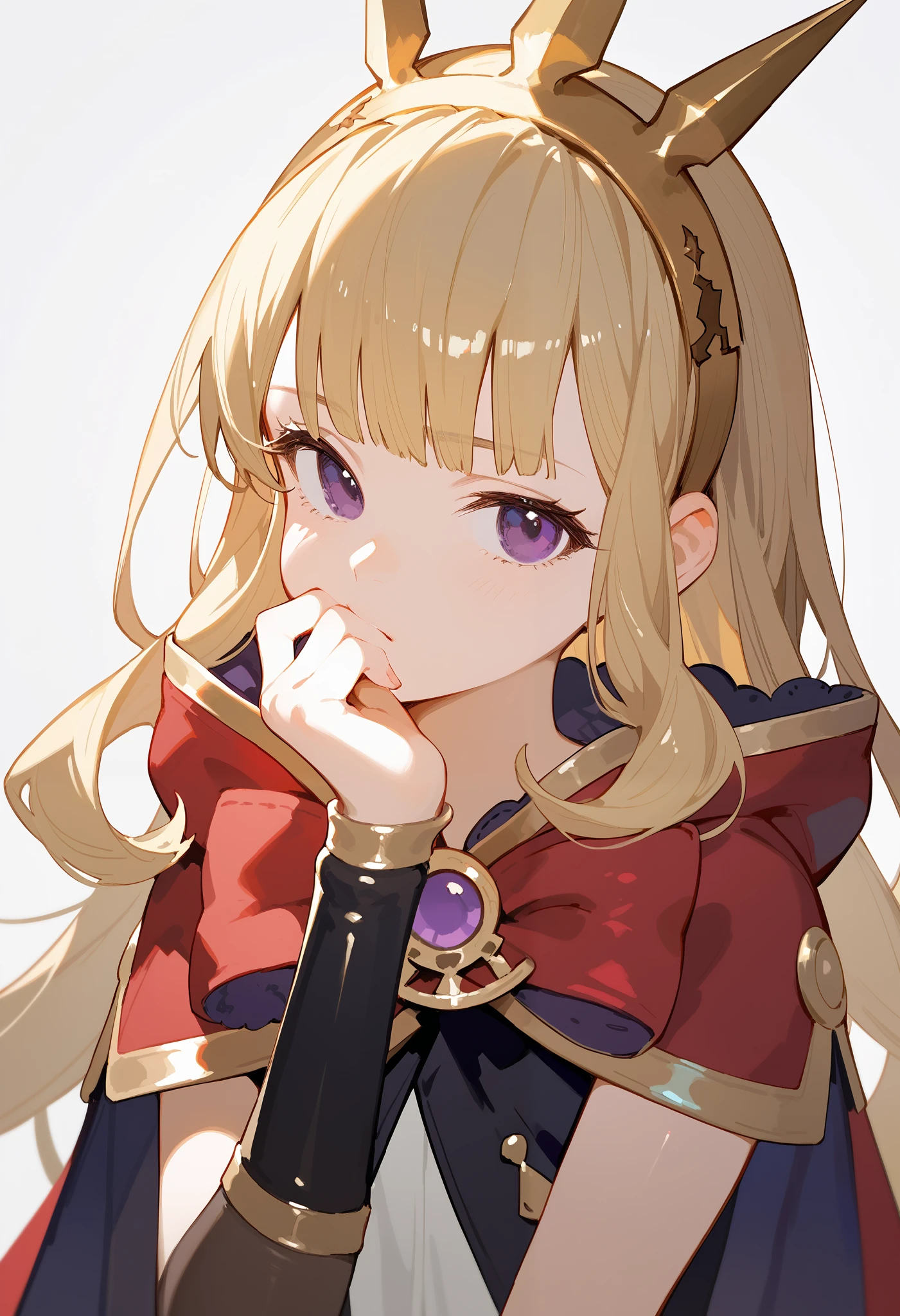 (score_9, score_8_up, score_7_up), 1girl, solo, gbf-cagliostro, Cagliostro, long blonde hair, dark purple eyes, hairband, crown, black thighhighs, red bow, red skirt, cape, white shirt, hand over mouth, looking at viewer, neutral, upper body, portrait