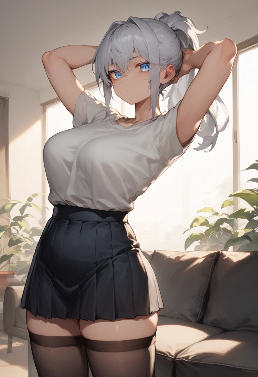 masterpiece, best quality, very aesthetic, absurdres, intricate, overall detail,  cowboy shot,
uzaki_hana, uzaki-chan_wa_asobitai!,black_pantyhose, blue_eyes, blue_skirt, blue_sleeves, bracelet, breasts, fang, grey_hair,jewelry, miniskirt, nail_polish, pantyhose, pink_nails, raglan_sleeves, shirt, short_hair, skirt, white_shirt with red printed,  standing, indoors,