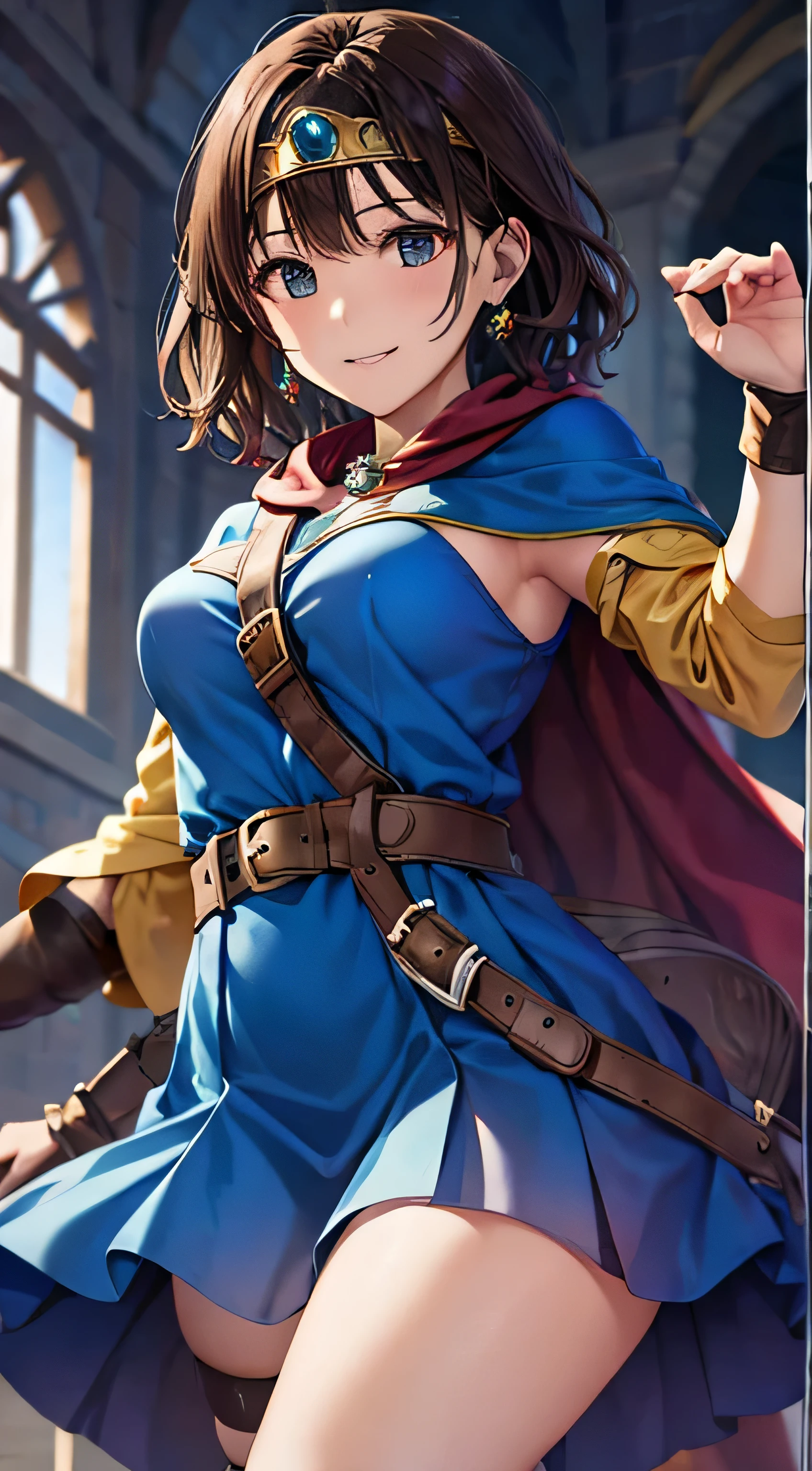 (( table tops, Best Quality, Hi-Res, , pixel perfect, 4K,))), 1 female, 、 ((brown wavy short hair、bangs, Brown Hair、 all over)), (( Brown Eyes , beautiful lashes, Realistic eyes)), (( Details Faces , )), (( smooth texture:0.75, Realistic texture:0.65, Realistic:1.1, anime CG style)), medium bust , Dynamic Angle, perfect body, Female Warrior、(( , , 、Gold Circlet, ,Blue Dress ,Blue Flared Skirt , knee-high boots,Arm guard , belt、Red Cape)), golden hair ornament 、 cross necklace 、、 very embarrassing panic smile , 、、、、、、)、Prairie with Castle View