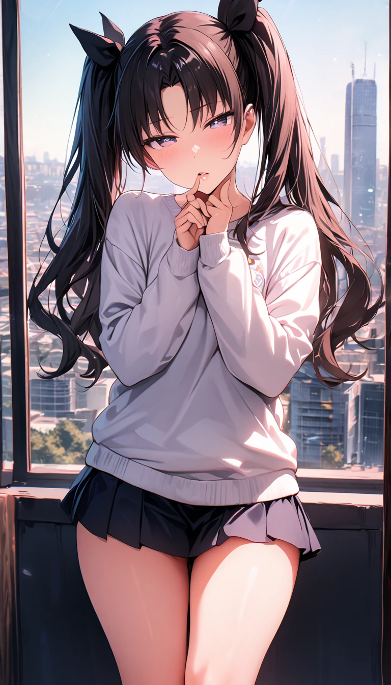 ken-1, score_9, score_8_up, score_7_up, epiCPhoto, 1girl, solo, Tohsaka Rin, twin tails, city backgrounds, long legs, perfect hands, perfect body, perfect fingers, (seductive thighs), sweater , mini skirt, parted skirt,  daytime,looking at viewer, (face focus), cute, flirt, gaze, sexy look, half-closed eyes, head tilt, filled lips, sexy look pose.