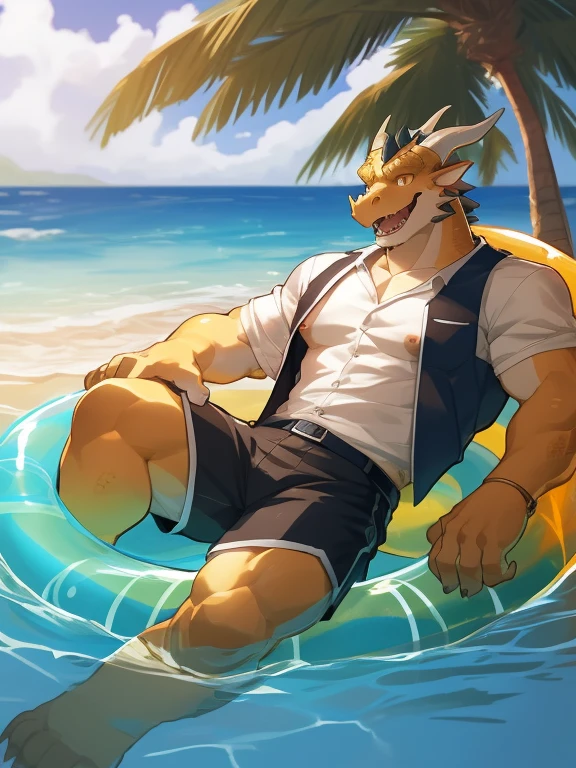 (best quality, highest quality, inticate, highres, 8k, anthropomorphic, furry, uploaded_on_e621:1.4), hi res,(dragon, scalie, wingless dragon), anthro,4 fingers,red eyes, horn, blurred background, underwear, clothing, life ring, lifeguard, male, muscular, muscular anthro, muscular male, nipples, tail, outside, red body,red scales,scales, sea, shorts, solo, summer, (swim ring:1.4), tree, (water), detailed background,by milkytiger1145,by takemoto arashi,by null-ghost, lying on water, open smile, (tank top)