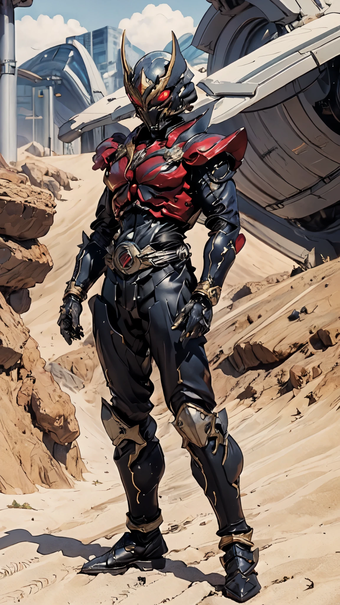 (masterpiece:1.5, best quality:1.5, extremely delicate:1.5), ((male:1.5)), a man wearing a full-face helmet, green eyes, fantasy-style high-tech biomimetic armored combat suit, (a composite layered chest armor), the design balances heavy with agility, fully enclosed shoulder guards, matching arm and leg guards, a belt of gemstone, (the color scheme is primarily Indigo with Silver accents, Organic Biotech, Concept Inspired by Iron Beast, glowing eyes, armor glows, stand of a futuristic sci-fi city), this character embodies a finely crafted fantasy-style armored hero in anime style, exquisite and mature art style, metallic, high definition, highres, ultra-detailed, ultra-fine painting, professional, perfect body proportions, golden ratio, anatomically correct, symmetrical face, extremely detailed eyes and face, high quality eyes, creativity, RAW photo, UHD, 32k, Natural light, cinematic lighting, masterpiece-anatomy-perfect