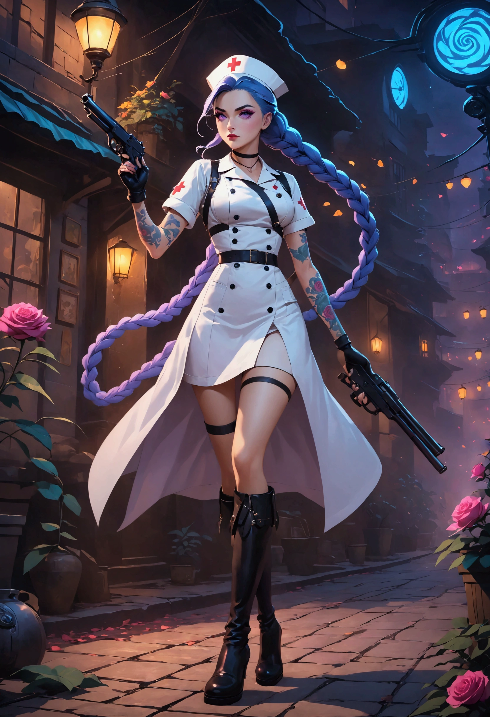 League of Legends ,Jinx ,Punk style eye makeup ,Nurse hat,(White nurse costume), blue double twist braid,whole body,( Knee-high boots ),Purple over-the-knee socks ,Rose tattoo,Street Scene,With a gun in his hand, Cinematic Lighting ,( best quality ,4K,8k, High Res,masterpiece:1.2), Elegant Posture ,Dynamic composition, vivid colors ,fantasy,Concept art style, has a sense of danger and tension。