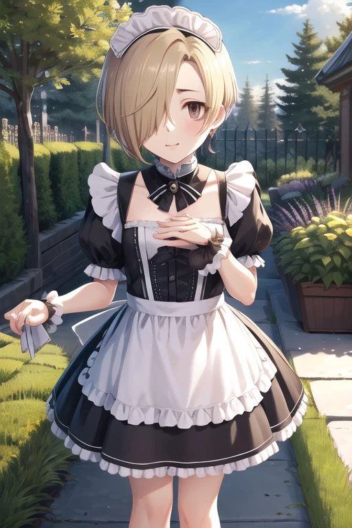 masterpiece, Best Quality,  Hi-Res, Look Ahead,  short hair, tooth, Maid head dress, Maid,  dress, apron, garden,  is standing,  Arm Bras ,  blue sky,,  blonde hair, Hair above the eyes,  short hair ,  Brown Eyes  ,  flat chest,(Perfect hands, perfect anatomy),,  five fingers
