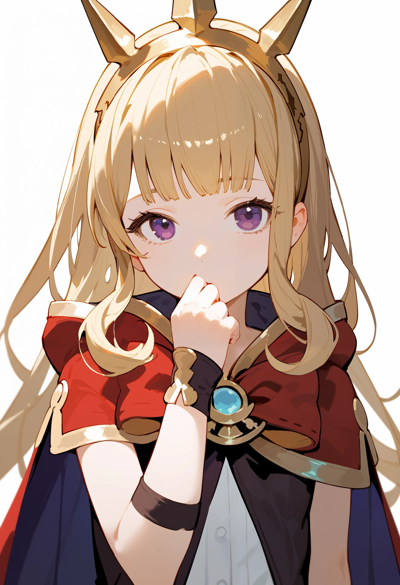 (score_9, score_8_up, score_7_up), 1girl, solo, gbf-cagliostro, Cagliostro, long blonde hair, dark purple eyes, hairband, crown, black thighhighs, red bow, red skirt, cape, white shirt, hand over mouth, looking at viewer, neutral, upper body, portrait, white background, simple background