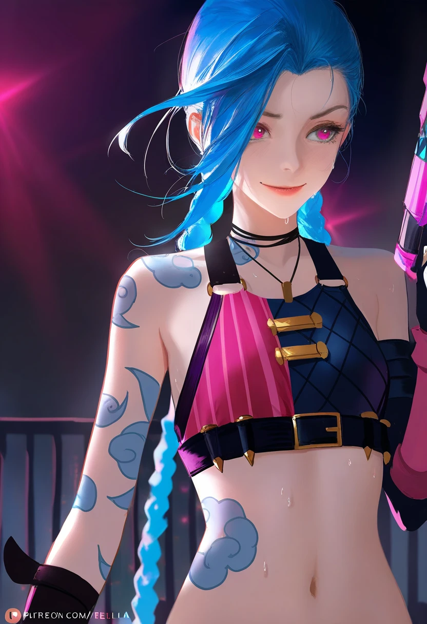 1girl, (by wlop:0.2) , portrait, by rella, smiling, >.< , Jinx \League of Legends\, braided hair, blue hair, midriff, sweat, shiny skin, holding gun, rooftop, masterpiece, best quality, good quality, [[colorful]]