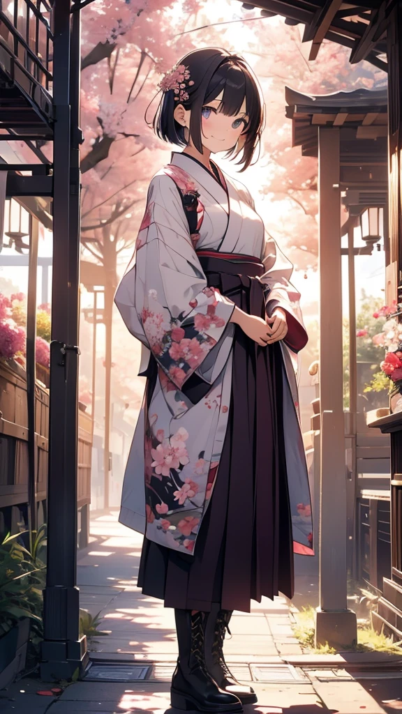 sfw,最高masterpiece,Best Quality,  OFFICIAL ART, Advertising Photos,masterpiece,(1 person:2.0),  Neutral Male ,Dress neatly,(7 heads), Black Hair ,( short bob cut hair),(Cherry blossom pattern furuncle ),(Purple Hakama, beautiful gradation hakama),Maxi length hakama , obi shaped like a flower,pink belt , brown lace up boots,Cherry blossom trees,standing,smile, soft lighting ,Hair accessories