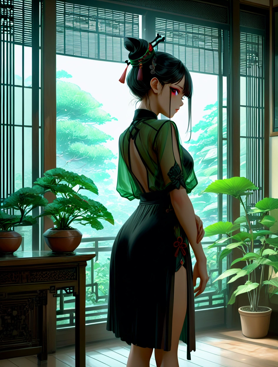 best quality,masterpiece,absurdres,newest, (atnr style,realistic),1girl,looking at viewer, This is a digital illustration depicting a young woman with an East Asian appearance, standing in a traditional Chinese-style room. She has long, black hair styled in an intricate updo adorned with green and black hair accessories. Her eyes are large and expressive, with a hint of red eyeshadow. She wears a futuristic, form-fitting outfit with metallic elements and glowing green accents. Her attire includes a sheer, translucent top revealing a black undergarment and a high-waisted, black skirt. The outfit is equipped with robotic or cybernetic enhancements on her arms and legs. She holds a green, glowing orb in her hand, adding to her high-tech appearance. The background features traditional Chinese architecture with large windows and ornate wooden screens. Potted plants with green foliage are placed on the floor and on tables, contributing to the serene ambiance. The room is well-lit with natural light coming through the windows, illuminating the scene with a soft, diffused glow. The depth of field is shallow, keeping the focus on the woman while the background is slightly blurred, emphasizing her presence. The overall color palette is a mix of natural greens and metallic grays, creating a harmonious blend of traditional and futuristic elements.
