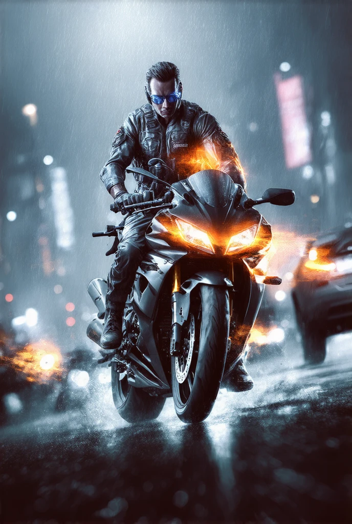 Action shot. Full body view of an anime male spy, with blue eyes and black irises, 26 year old, 190cm tall, 120kg very muscular body. He is driving a black sportsbike, similar to a real-world Honda CBR 1000, wearing a white leather motorcycle jacket and black leather pants, and is wearing a black helmet with clear visor. This is a dark futuristic street at night, dimly light except for neon signs. Image style of digital art, hyperdetalisation. Image should have full view of the vehicle