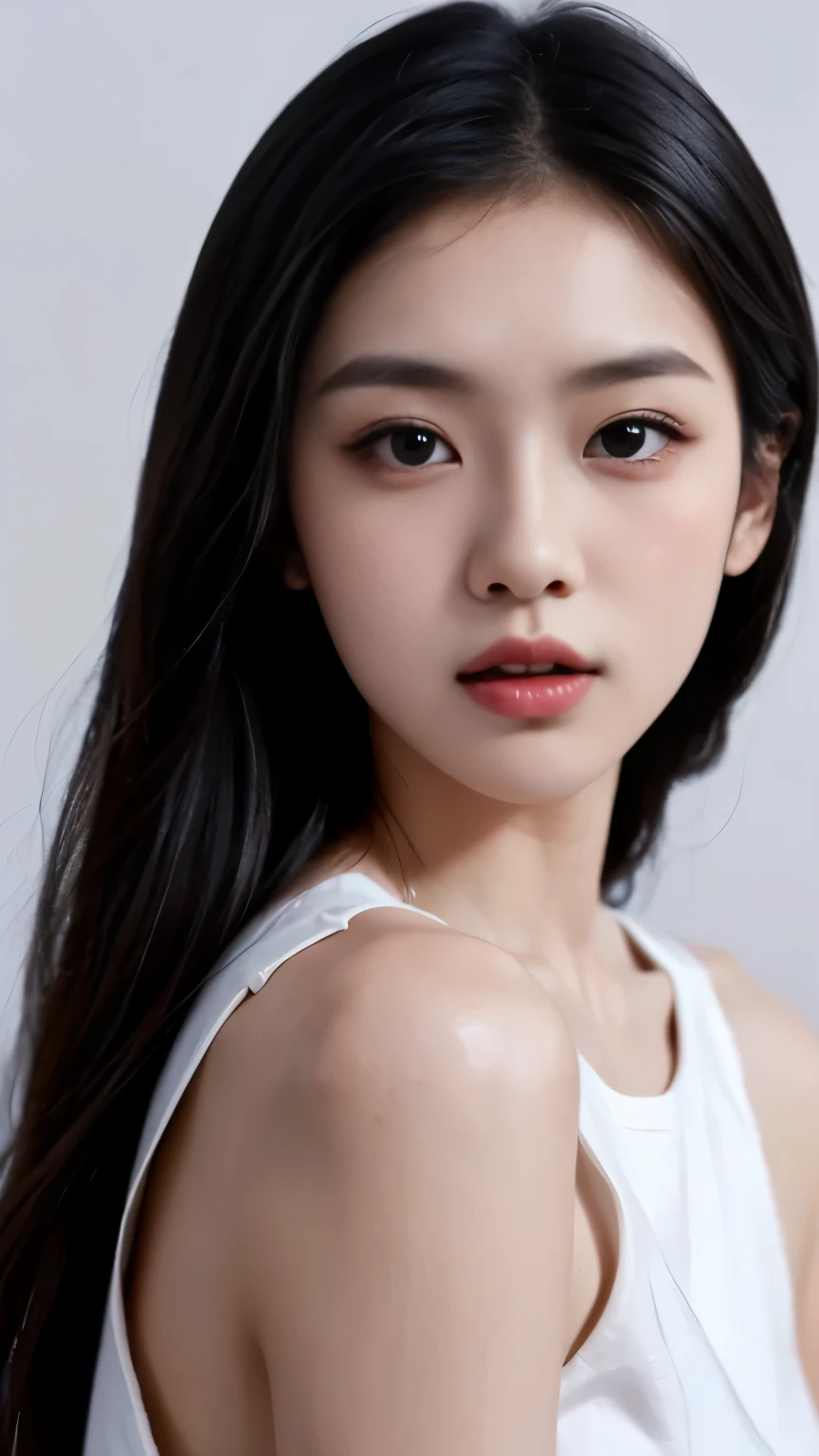 Slender Asian girl, kpop idol, ((top quality, 8k, masterpiece: 1.3)), crisp focus: 1.2, beautiful woman with perfect figure: 1.4, highly detailed face and skin texture, detailed eyes, skinny, beautiful face, symmetrical face, full-length, white background, potrait