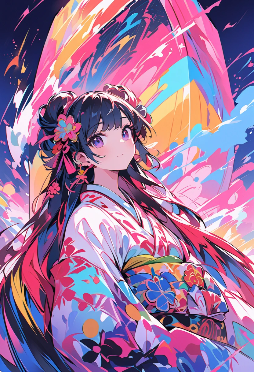  creates digital art in pop art style、Detailed Miko Girl 、 Street Fashion 、Create digital artwork in cinematic color 、Vivid brushstrokes、 Feelings Must Be Dynamic 、 upper body、drawing、shape、tropical、Japanese Town、night、firework