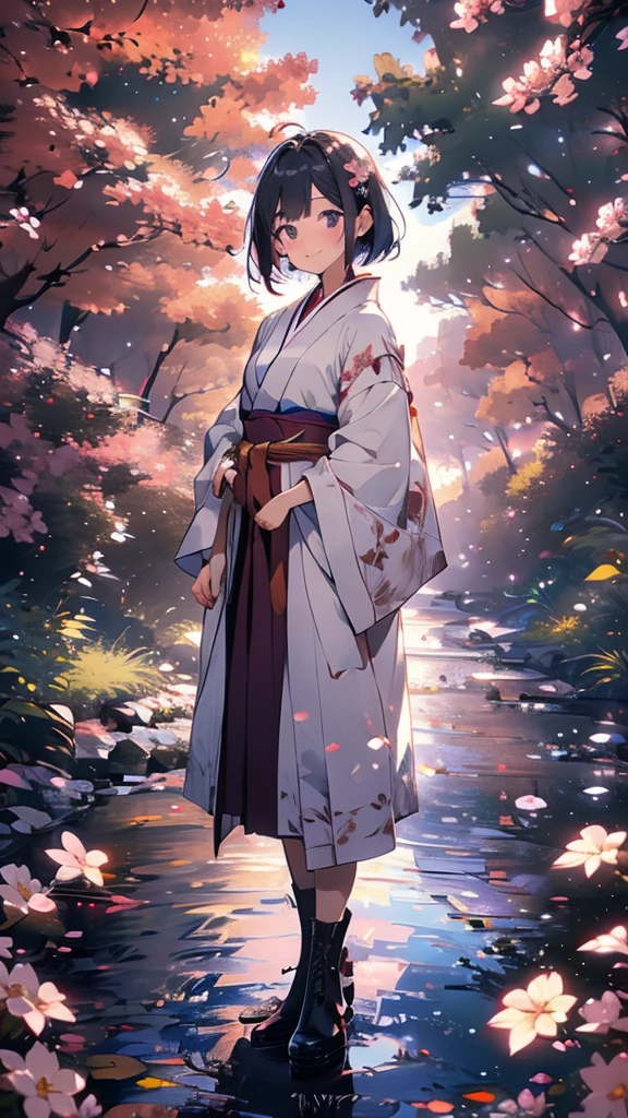 sfw,最高masterpiece,Best Quality,  OFFICIAL ART, Advertising Photos,masterpiece,(1 person:2.0),  Neutral Male ,Dress neatly,(7 heads), Black Hair ,( short bob cut hair),(Cherry blossom pattern furuncle ),(Purple Hakama, beautiful gradation hakama),Maxi length hakama , obi shaped like a flower,pink belt , brown lace up boots,Cherry blossom trees,standing,smile, soft lighting ,Hair accessories