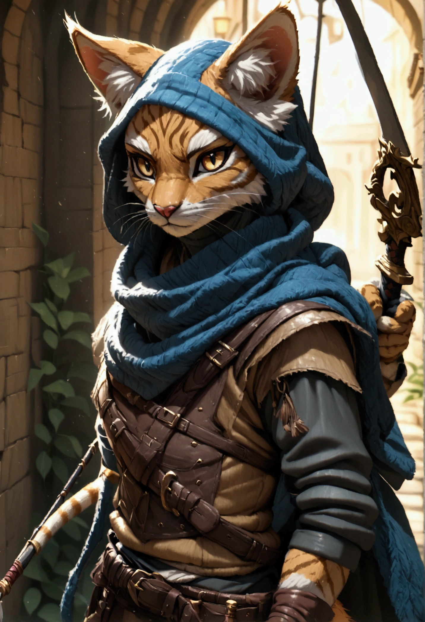 (8k, foto RAW,  best quality , masterpiece),  a detailed portrait of the character, clearly worked details, (Tabaxi, Khajiit), ( On your own, burglar, bandit, Balaclava covering part of the face ), fantasy burglar clothes, rpg,  holding a bow , sword at the waist, agile, intricate, cinematic,  natural lighting  , anime, map style, raytracing,  detailed face gloves,  High resolution, (Ultra Detailed)