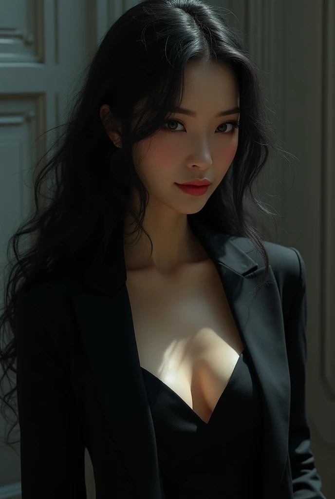 Mafia korean girl portrait with longhair sitting in the chair with killer eye and red lips semi animated pict