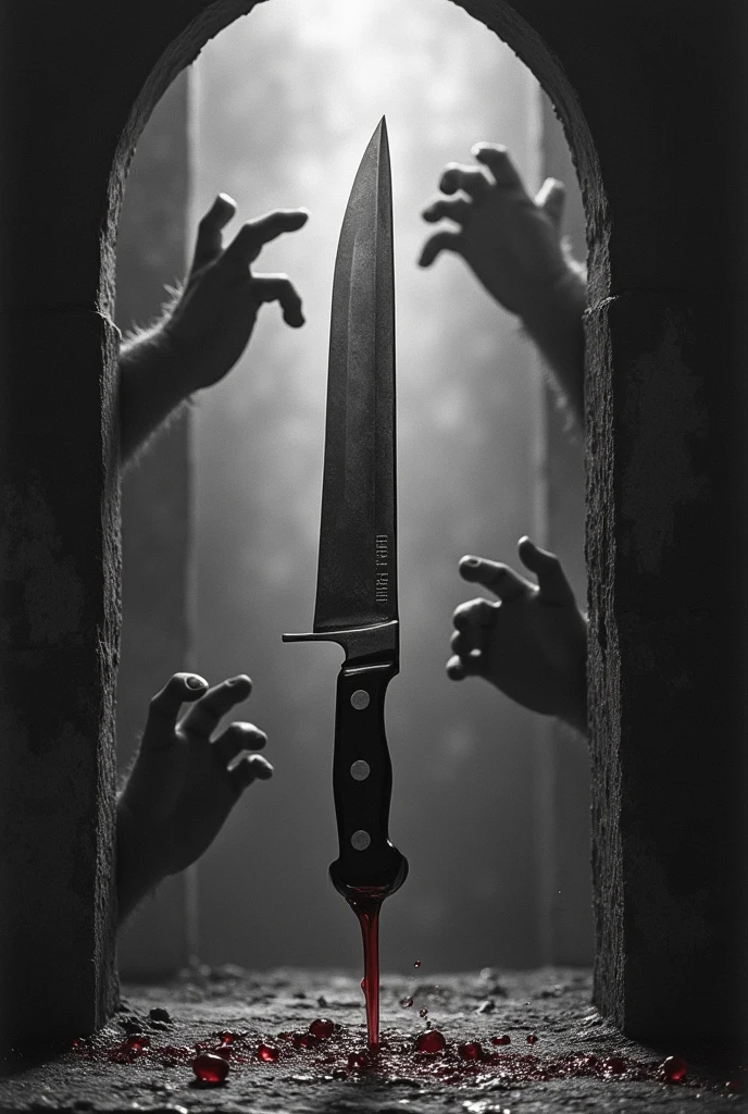 a dream illusion image about knife with blood floating arround the air, horror dark creatures emerge from the walls of a room, dark fantasy style, lovecraft style, 1900 age style, dark shadows, hard light, black and white old carved art style