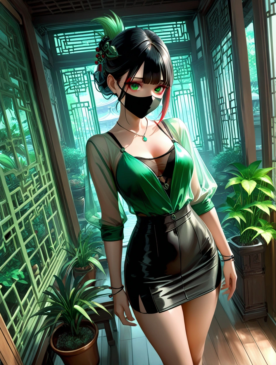 best quality,masterpiece,absurdres,newest, (atnr style,realistic),1girl, solo, black hair, looking at viewer, hair ornament, green eyes, dress, jewelry, breasts, see-through, plant, standing, indoors, bangs, potted plant, architecture, green dress, dutch angle, mask, long sleeves, closed mouth, see-through sleeves, short sleeves, mouth mask, science fiction, medium breasts, shiny, cyberpunk, east asian architecture, necklace, cleavage, multicolored hair, This is a digital illustration depicting a young woman with an East Asian appearance, standing in a traditional Chinese-style room. She has long, black hair styled in an intricate updo adorned with green and black hair accessories. Her eyes are large and expressive, with a hint of red eyeshadow. She wears a futuristic, form-fitting outfit with metallic elements and glowing green accents. Her attire includes a sheer, translucent top revealing a black undergarment and a high-waisted, black skirt. The outfit is equipped with robotic or cybernetic enhancements on her arms and legs. She holds a green, glowing orb in her hand, adding to her high-tech appearance. The background features traditional Chinese architecture with large windows and ornate wooden screens. Potted plants with green foliage are placed on the floor and on tables, contributing to the serene ambiance. The room is well-lit with natural light coming through the windows, illuminating the scene with a soft, diffused glow. The depth of field is shallow, keeping the focus on the woman while the background is slightly blurred, emphasizing her presence. The overall color palette is a mix of natural greens and metallic grays, creating a harmonious blend of traditional and futuristic elements.
