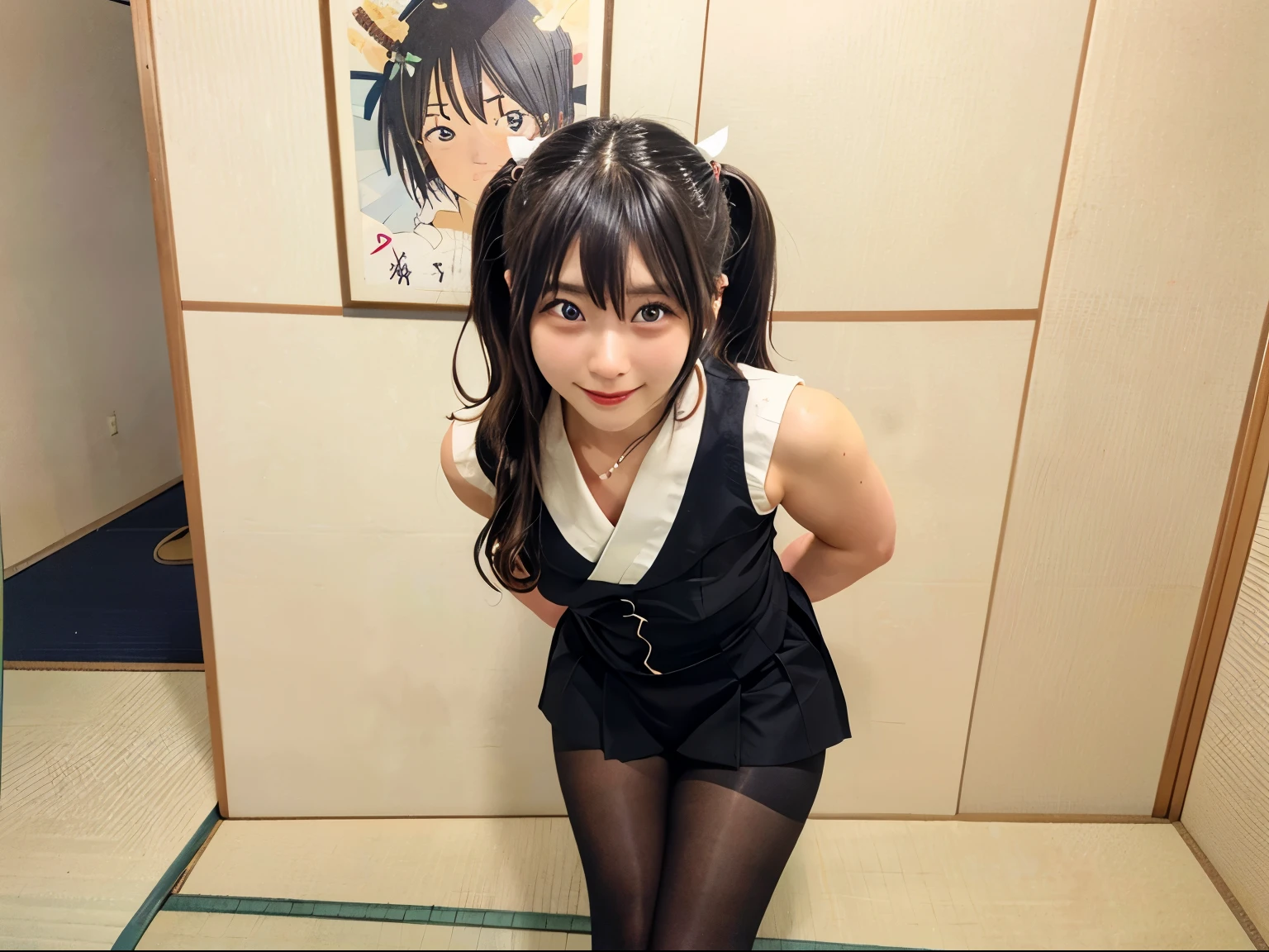 ((Best Quality)), ((masterpiece)), (  Details),  1 girl,  sexy,(A slim Japanese :1.4), staring at me with a smile , is a twin tail hairstyle,( black pantyhose:1.4),Crotch wrinkles,Two legs,( sailor suit),No shoes on,Droopy eyes,