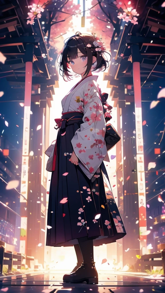 sfw,最高masterpiece,Best Quality,  OFFICIAL ART, Advertising Photos,masterpiece,(1 person:2.0),  Neutral Male ,Dress neatly,(7 heads), Black Hair ,( short bob cut hair),(Cherry blossom pattern furuncle ),(Purple Hakama, beautiful gradation hakama),Maxi length hakama , obi shaped like a flower,pink belt , brown lace up boots,Cherry blossom trees,standing,smile, soft lighting ,Hair accessories