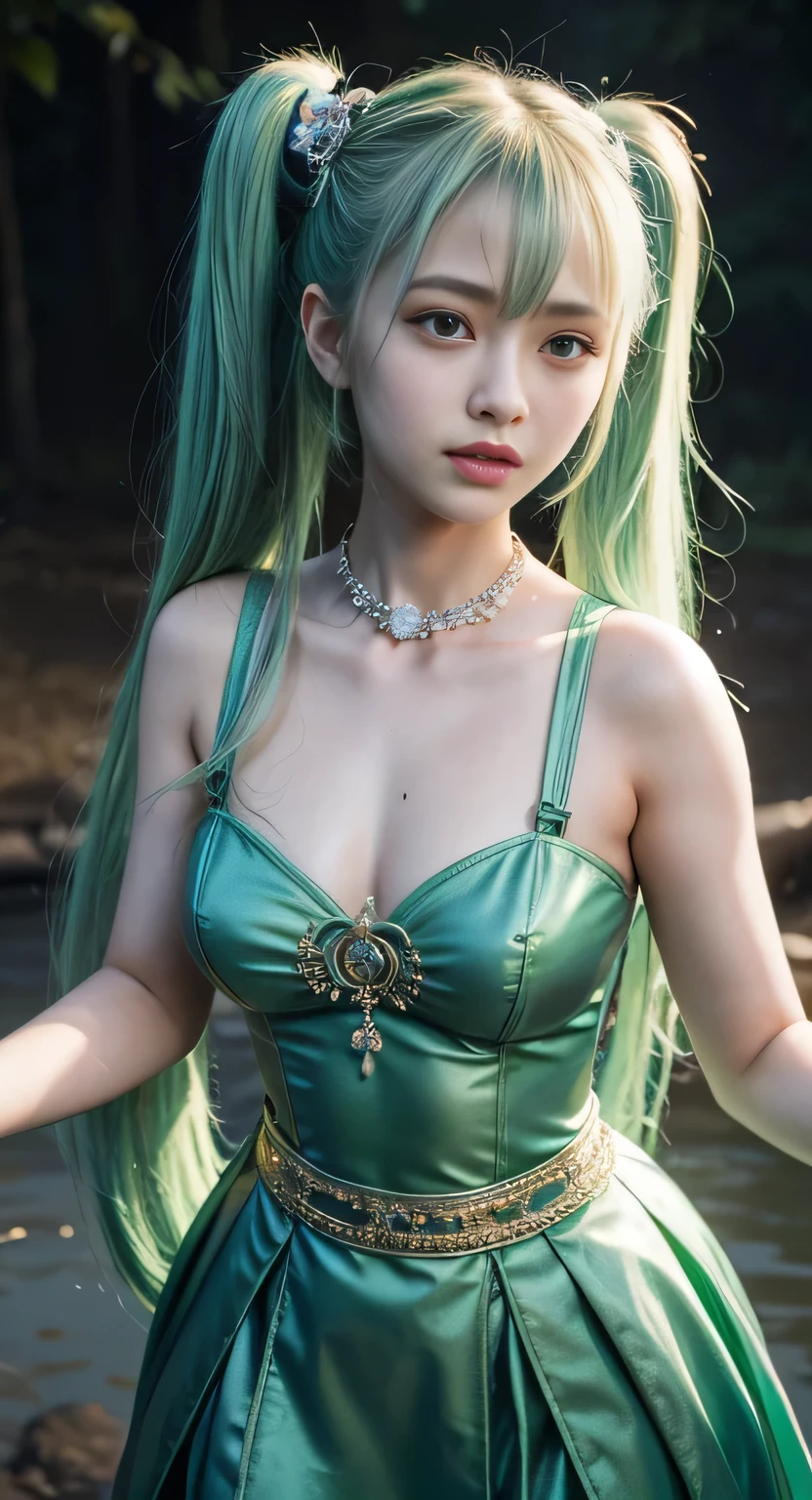 Colorful hair(Vivid gradient of green and orange)、Twin-tailed、Pretty Woman、beautidful eyes、Bright smile、Soft skin type、Official art、masterpiece、Extremely delicate modeling、top-quality、Photorealsitic、8k picture、hiquality、large full breasts、Princess、