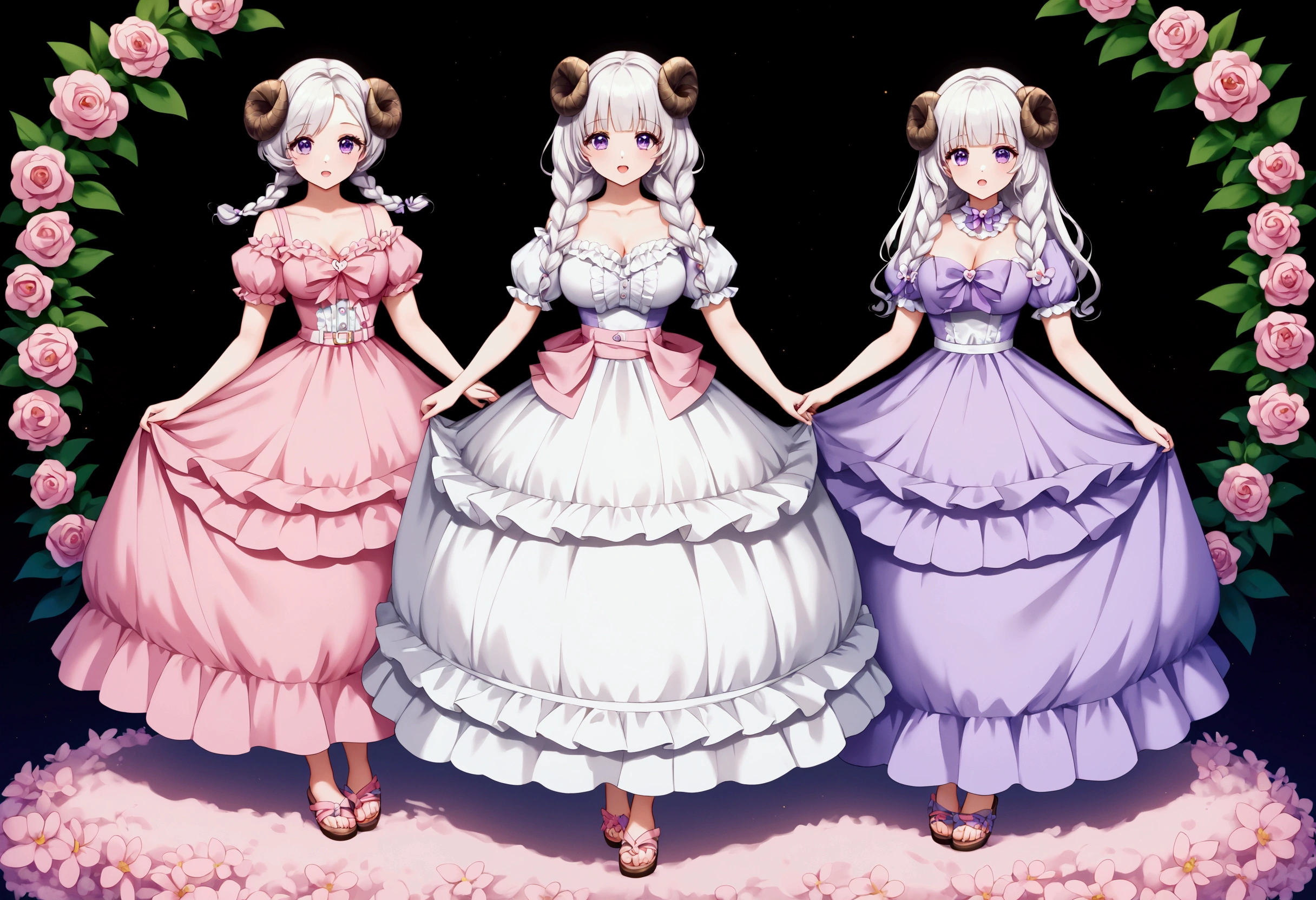 Masterpiece, top quality, one girl, sheep horns, white hair, very big breasts, big thick braids, violet eyes, white dress, flowing silhouette, pastel shades, ruffle detail, sweetheart neck lines, flutter sleeves, waist belts, strappy sandals, corollas, blooming flowers, sunny gardens, spring joy, bright colors, open mouths