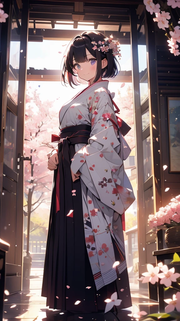 sfw,最高masterpiece,Best Quality,  OFFICIAL ART, Advertising Photos,masterpiece,(1 person:2.0),  Neutral Male ,Dress neatly,(7 heads), Black Hair ,( short bob cut hair),(Cherry blossom pattern furuncle ),(Purple Hakama, beautiful gradation hakama),Maxi length hakama , obi shaped like a flower,pink belt , brown lace up boots,Cherry blossom trees,standing,smile, soft lighting ,Hair accessories