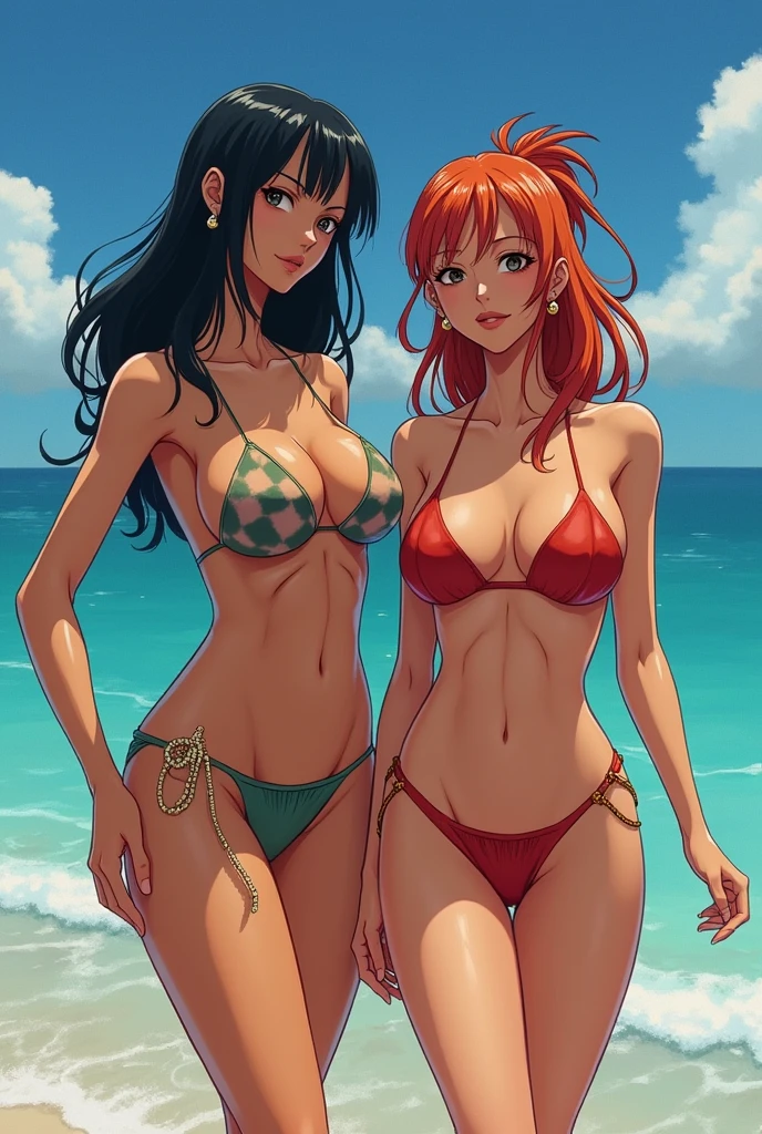 score_9, score_8_up, score_7_up, score_6_up, score_5_up, score_4_up, (masterpiece), best quality, expressive eyes, perfect face, (beach background), (2girl), (standing), (smirk), (cleavage view), (2girl, ((1girl, 18 years old, Nami, fair skin, orange hair, brown eyes, hourglass figure, thin body, skinny body, petite_body, short height, medium breasts), (green microbikini)), ((1girl, milf, Nico Robin, latina, brown skin, short black hair with bangs, bangs hairstyle, brown eyes, hourglass figure, thick body, curvy body, large breasts, wide hips, thick thighs), (purple microbikini)),
