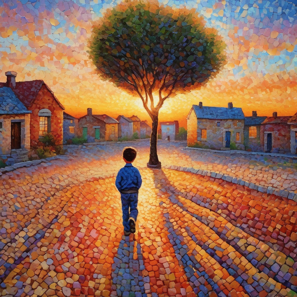 Top quality, detail, pointillism, brushstroke division, cobblestone street corner, beautiful sunset, gentle wind, one boy blending into the landscape, standing, like a beautiful world somewhere far away, oil painting, masterpiece,