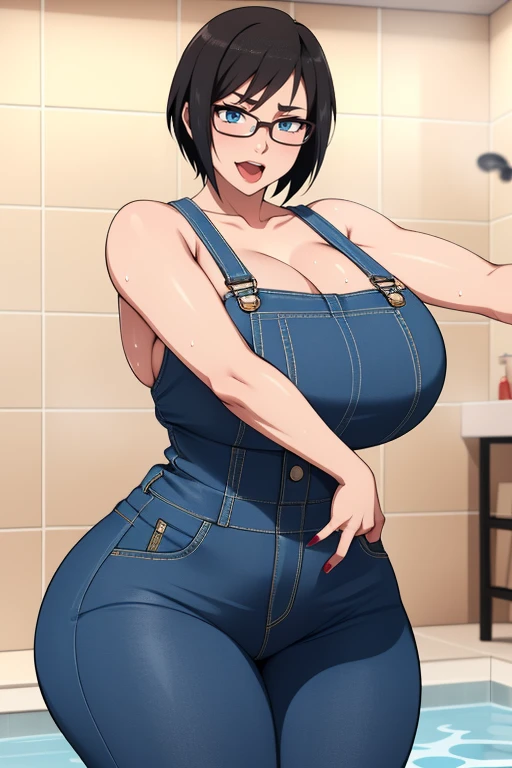 Shizune, 1girl, ((bimbo))), short black hair, glasses, painted lips, wide hips, thick thighs, huge ass, bimbo face , enormous huge natural breasts, dungarees, hanging breasts, ahegao face, hot, sweating, horny, crazy eyes, bathing in the bathtub